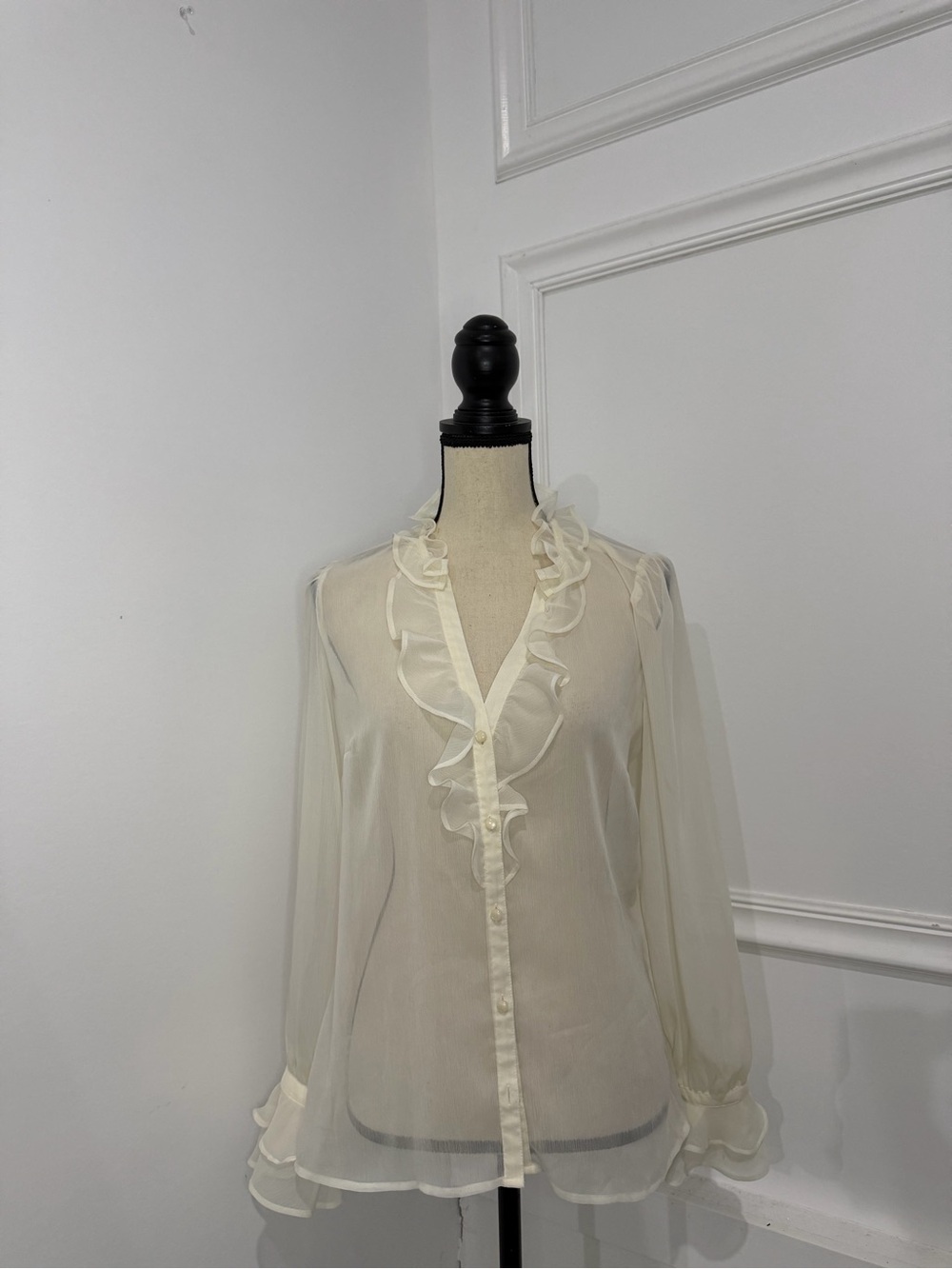 LOFT Sheer Ruffle-Trim Blouse - Cream